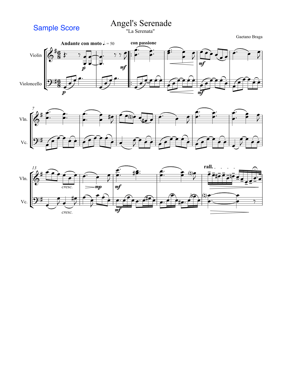 ANGEL'S SERENADE String Duo, Intermediate Level for violin and cello (arr. Sherry Lewis)
