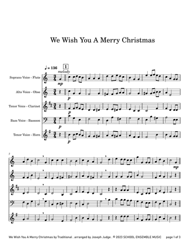 We Wish You A Merry Christmas for Woodwind Quartet in Schools (arr. Joseph Judge)