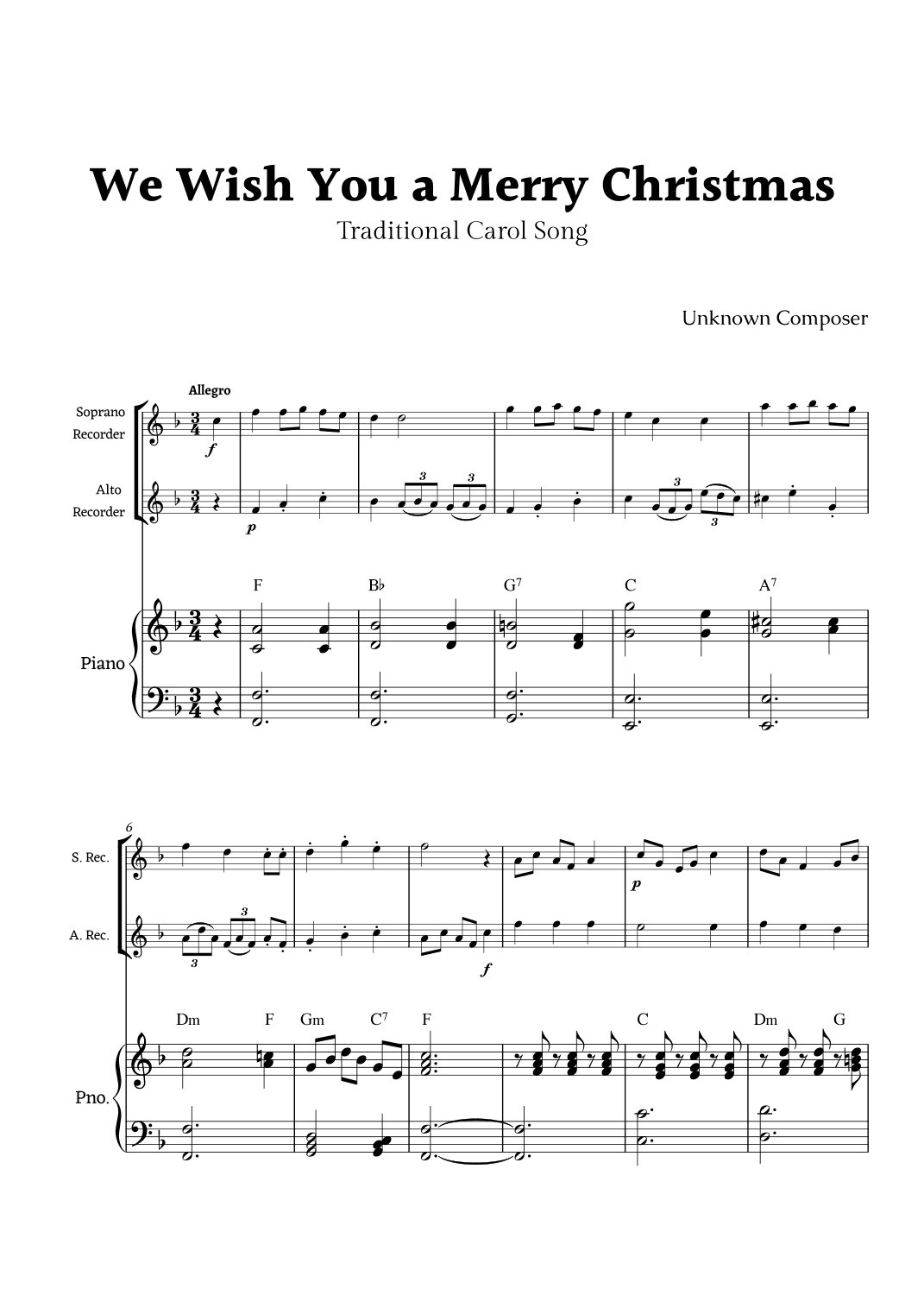 We Wish you a Merry Christmas for Recorder Duet with Piano (arr. Rika K.)