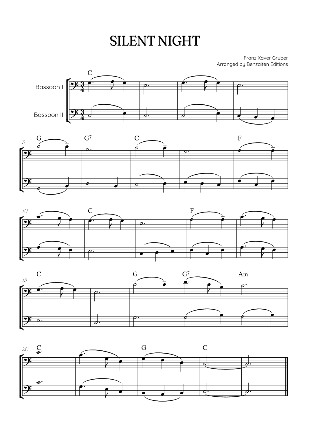 Silent Night for bassoon duet • easy Christmas song sheet music (w/ chords) (arr. Benzaiten Editions)