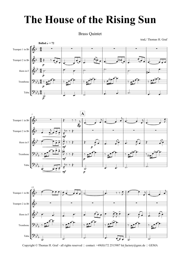 The house of the rising sun - Folk Song - Brass Quintet (arr. Thomas H. Graf)