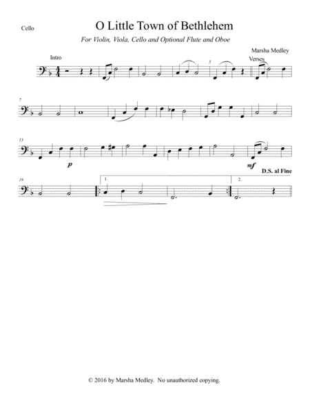 O Little Town of Bethlehem for String Trio and optional flute and oboe (arr. Marsha Medley)