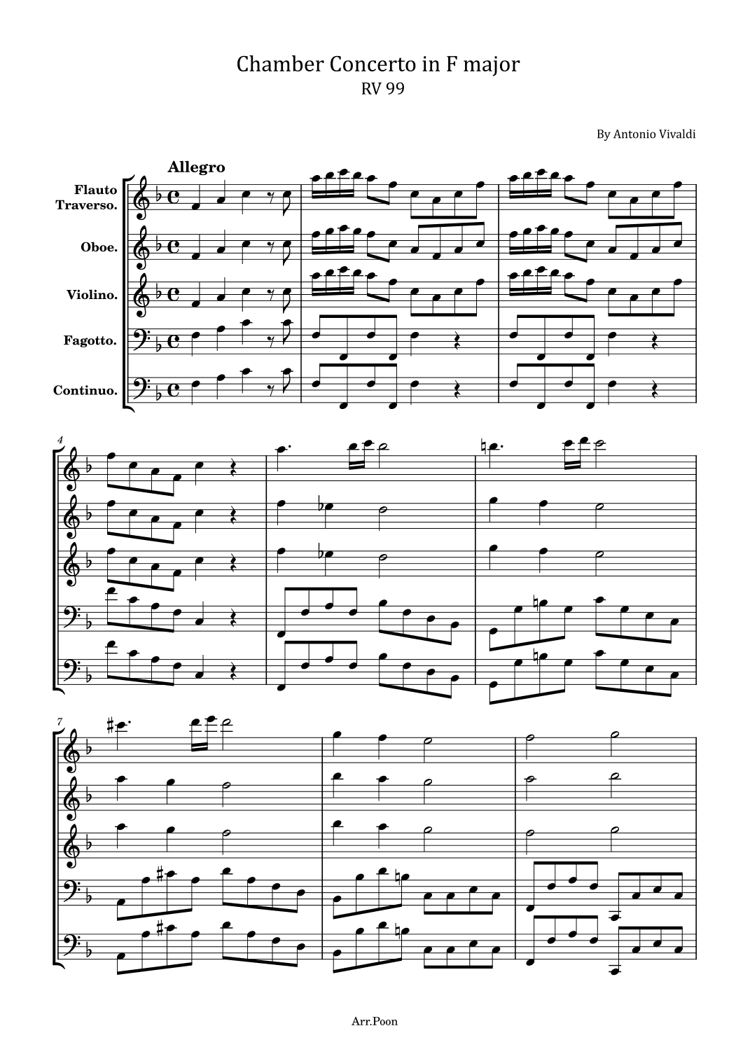 Vivaldi - Chamber Concerto in F major - RV 99 - Original Complete (arr. poon)