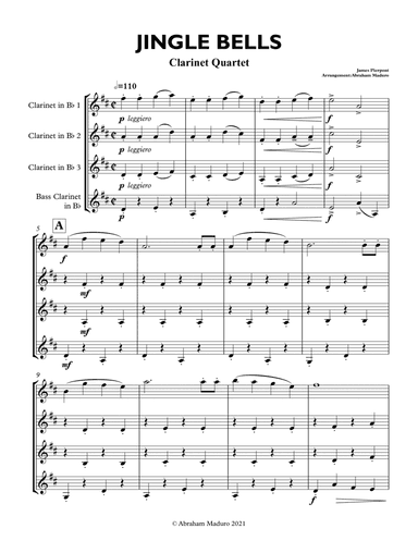 Jingle Bells Bb Clarinet Quartet-Score and Parts (arr. Abraham Maduro)