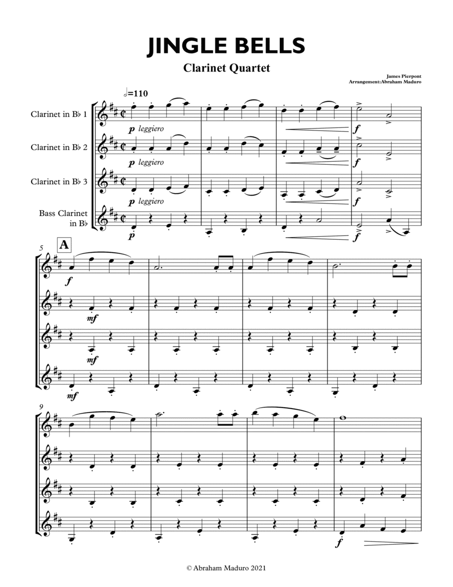 Jingle Bells Bb Clarinet Quartet-Score and Parts (arr. Abraham Maduro)