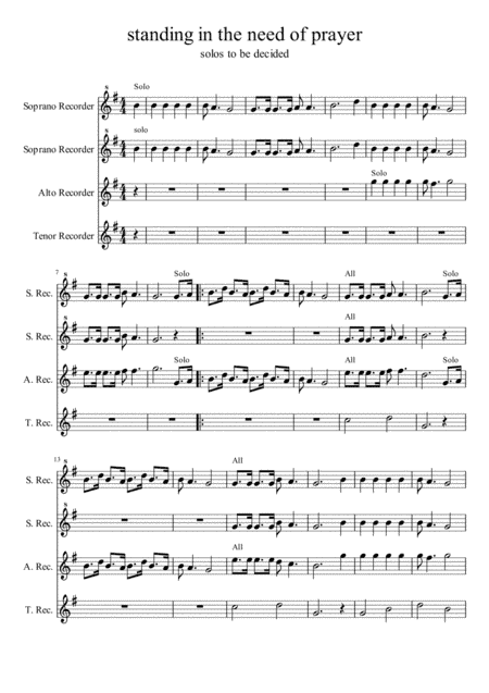 Standing in the Need of prayer for Recorder Quartet (arr. Ruth Galvin)