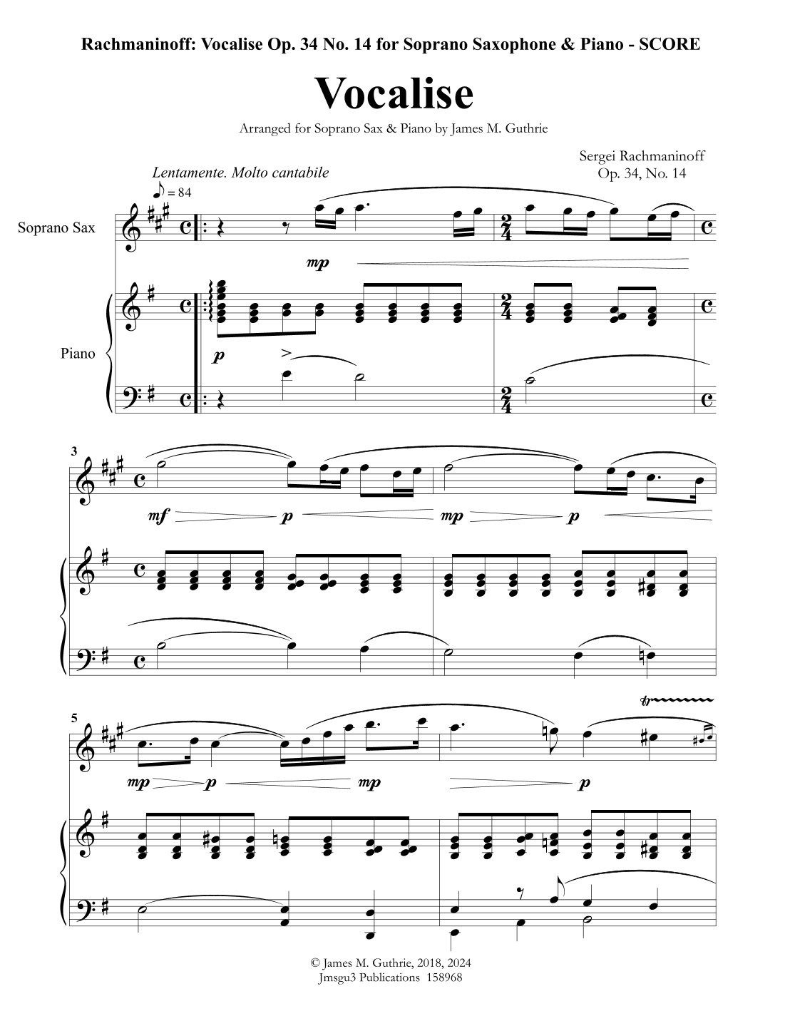 Rachmaninoff: Vocalise for Soprano Sax & Piano (arr. James M. Guthrie)