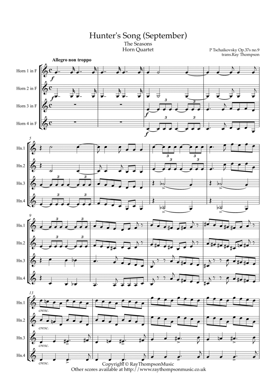 Tchaikovsky: The Seasons Op.37a No.9 September (Hunter's Song) - horn quartet (arr. Ray Thompson)
