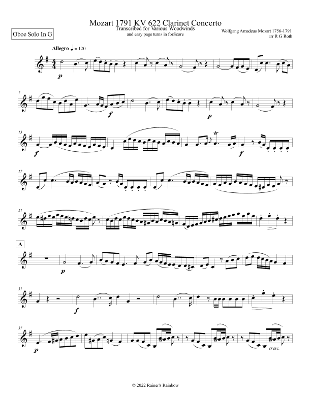 Mozart 1791 KV 622 Clarinet Concerto in G For Oboe Solo Part Only (arr. R G Roth)