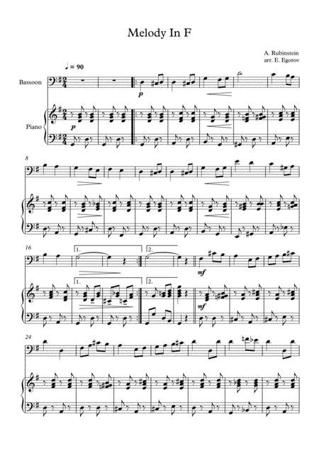 Melody In F, Anton Rubinstein, For Bassoon & Piano (arr. Eugene Egorov)