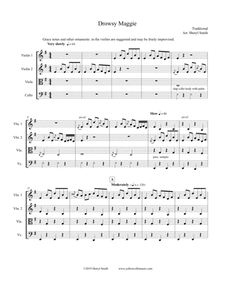 Drowsy Maggie, a lively traditional Celtic tune/reel arranged for string quartet (arr. Yellow Cello Music)