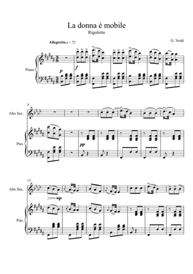 Giuseppe Verdi - La donna e mobile (Rigoletto) Alto Saxophone Solo - B Key (arr. André Laitano)