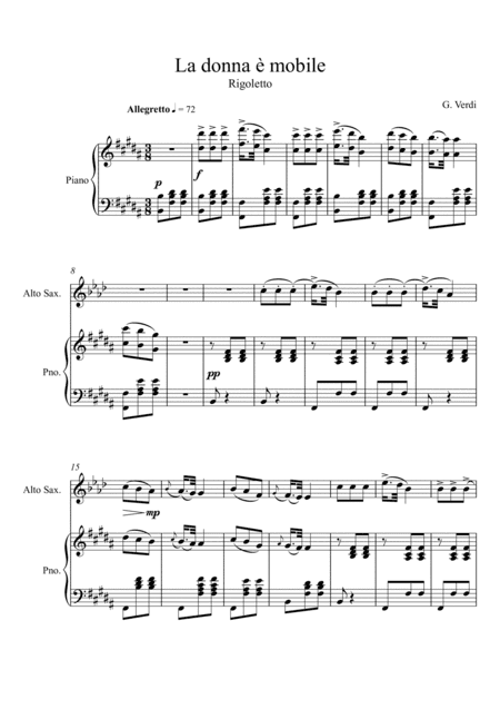 Giuseppe Verdi - La donna e mobile (Rigoletto) Alto Saxophone Solo - B Key (arr. André Laitano)