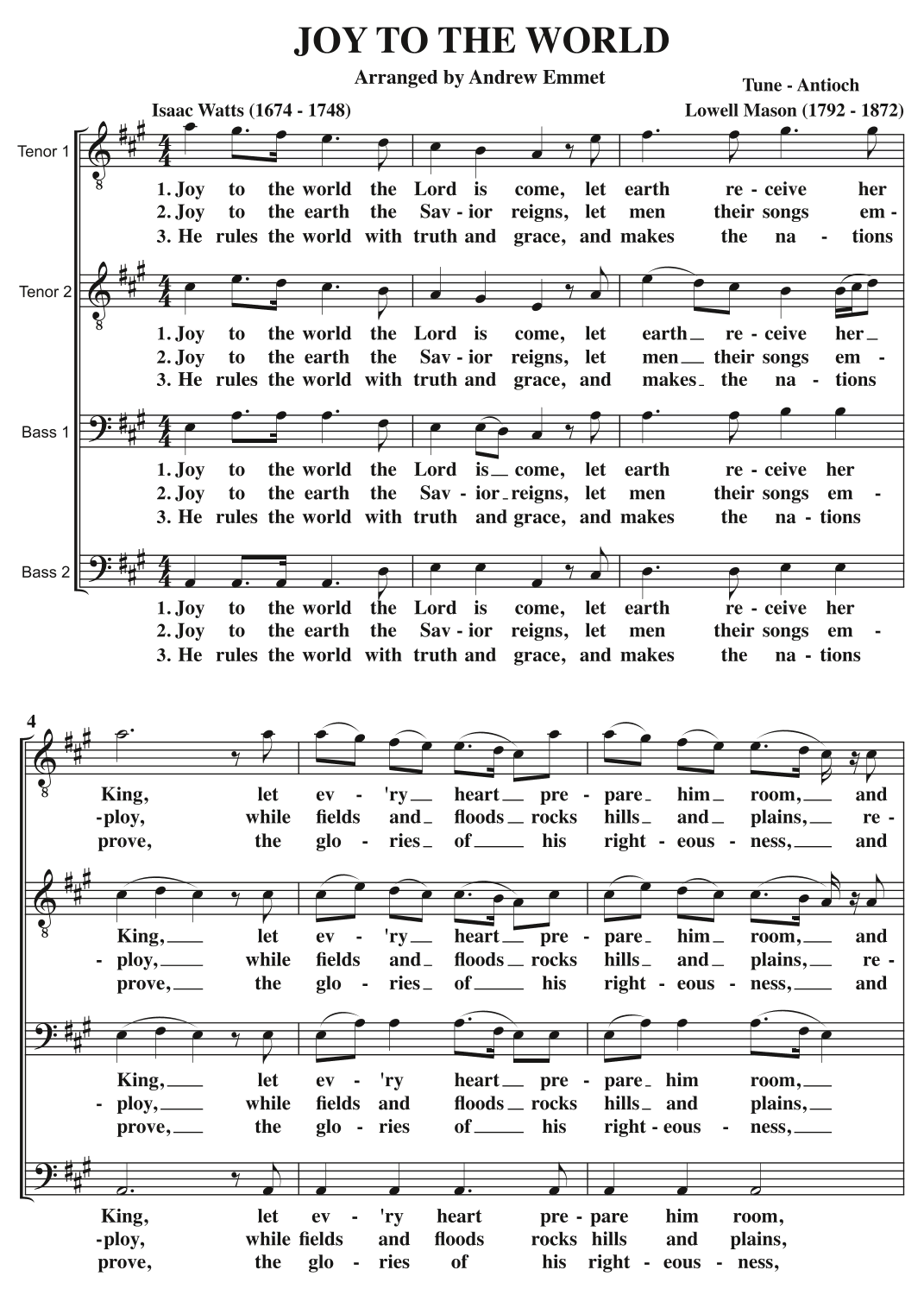Joy To The World A Cappella TTBB (arr. Andrew Emmet)