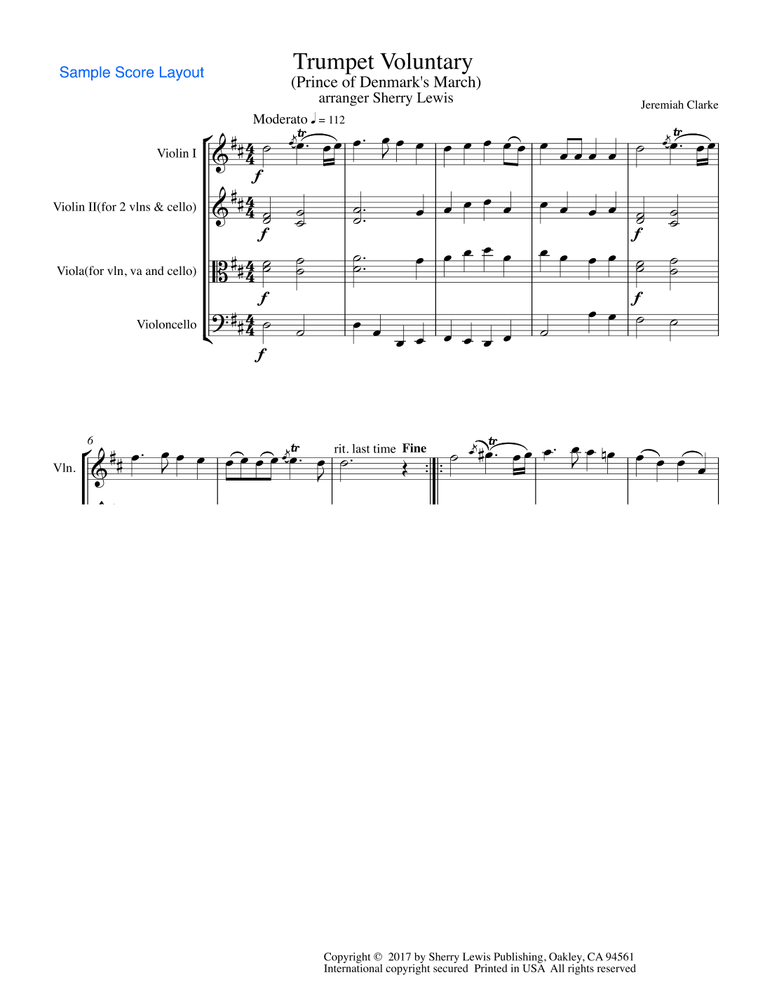 TRUMPET VOLUNTARY (The Prince of Denmark's March) Jeremiah Clarke  String Trio, Intermediate Level f (arr. Sherry Lewis Publishing)