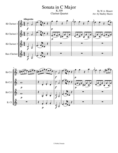 Mozart's Piano Sonata in C Major, K 309 for Clarinet Quartet (arr. Hadley Hazen)