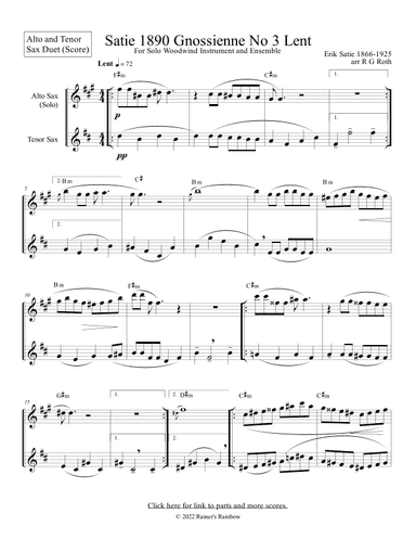 Satie Gnossienne No 3 for Sax Duet With Chords (arr. R G Roth)