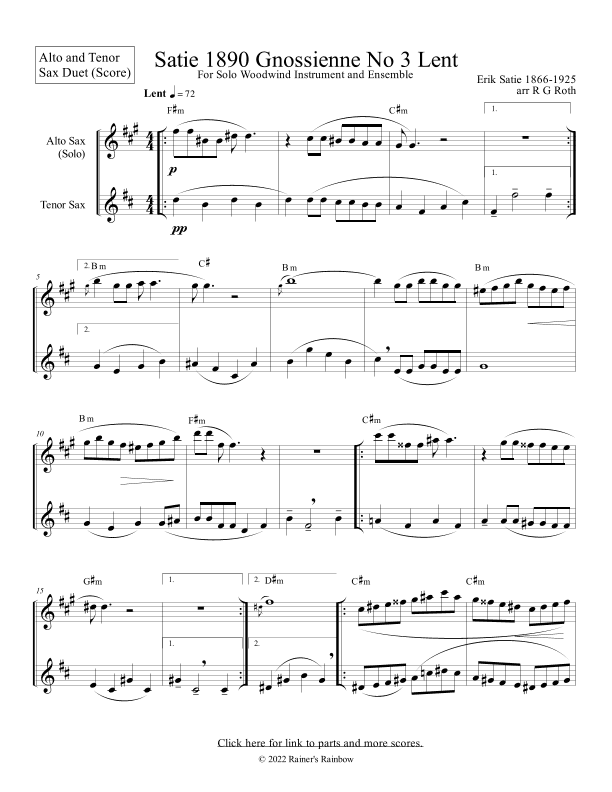 Satie Gnossienne No 3 for Sax Duet With Chords (arr. R G Roth)