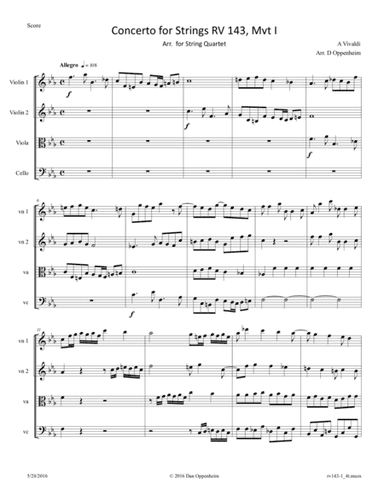 Vivaldi: Concerto for Strings RV 143 Mvt I arr. for String Quartet (arr. D Oppenheim)