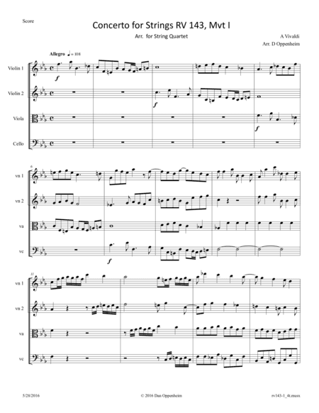 Vivaldi: Concerto for Strings RV 143 Mvt I arr. for String Quartet (arr. D Oppenheim)