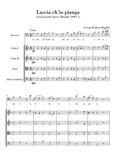 Lascia ch'io pianga (for Bassoon Solo and String Quartet) Original key F major (arr. Ahiva Editions)