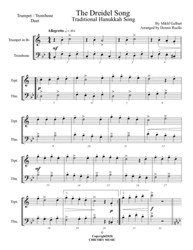 The Dreidel Song - Mixed Brass (Trumpet/Trombone) Duet - Advanced Intermediate (arr. Dennis Ruello)