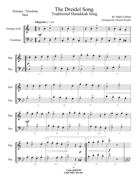 The Dreidel Song - Mixed Brass (Trumpet/Trombone) Duet - Advanced Intermediate (arr. Dennis Ruello)