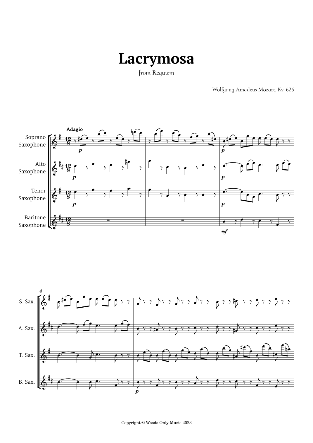 Lacrymosa by Mozart for Saxophone Quartet (arr. Ander)