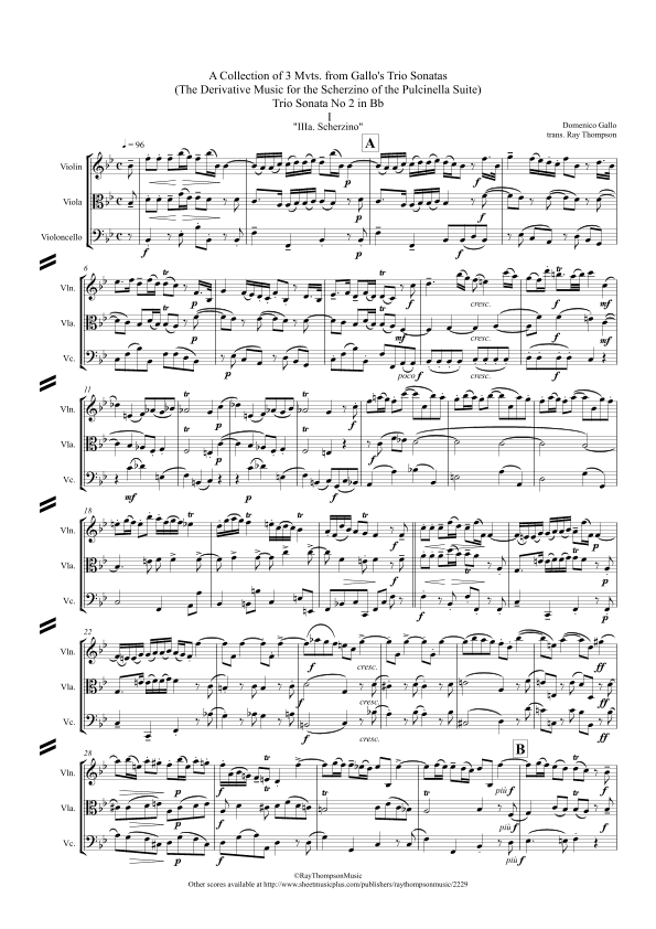 Gallo: 3 movts. from 2 Trio Sonatas (orig keys) ("Pulcinella Suite Mvt.3 Scherzino") - string trio (arr. Ray Thompson)