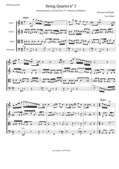 String quartet nº3 (arrangement of Domenico dall'Oglio violin sonata Op.1 nº9) (arr. Toni Tudurí)