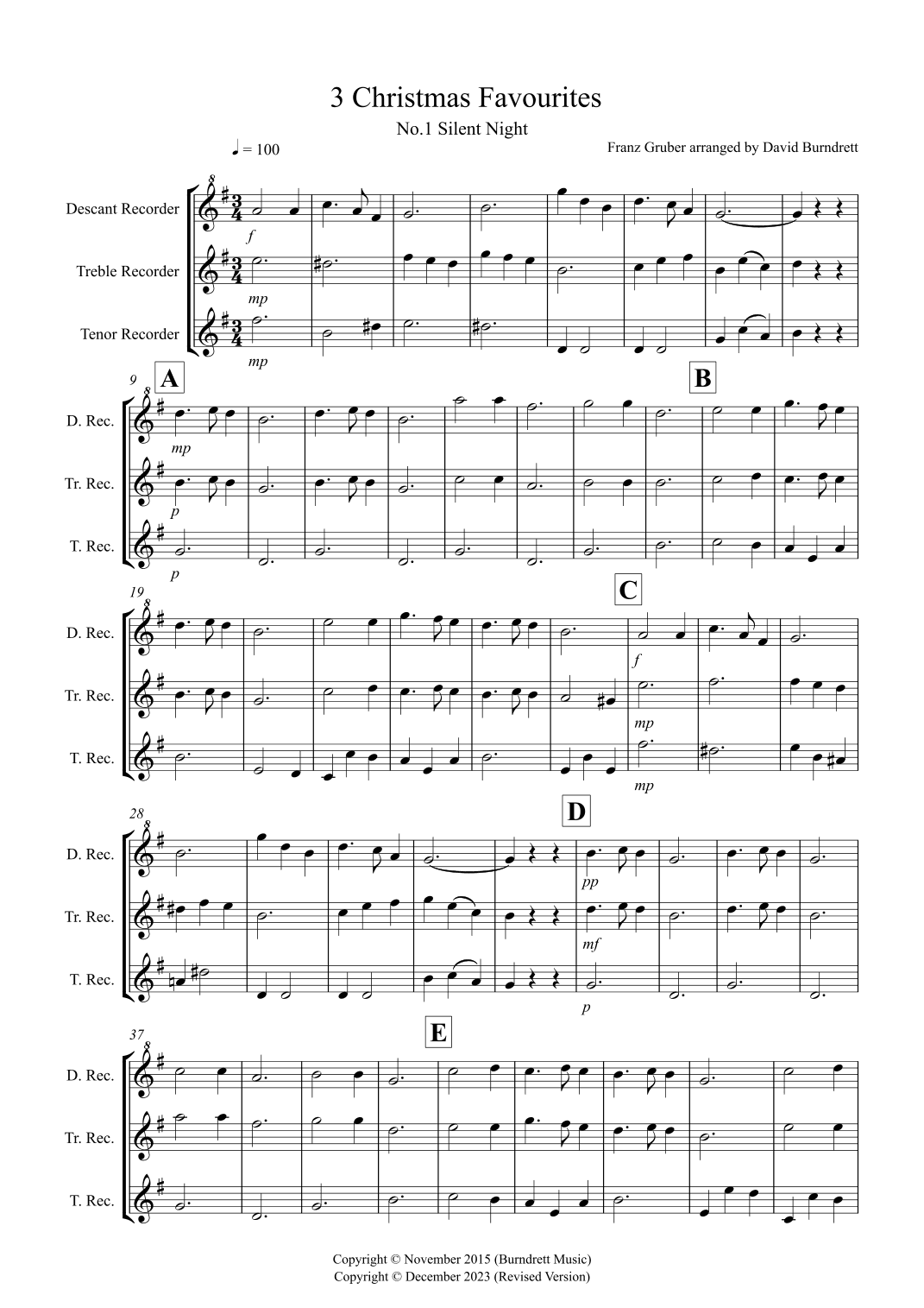 3 Christmas Favourites for Recorder Trio (arr. David Burndrett)