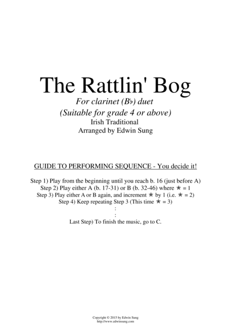 The Rattlin' Bog (for clarinet (Bb) duet, suitable for grade 4 or above) (arr. Edwin Sung)