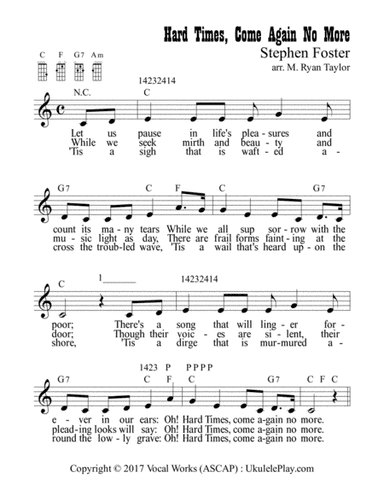 Hard Times Come Again No More : 3-part Vocal Harmony with Ukulele Chord, Strumming/Fingerpicking Ind (arr. M. Ryan Taylor)