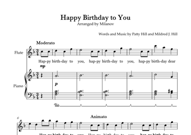 Happy Birthday to You in F Flute and Piano Lyrics Pedal (arr. Milanov)