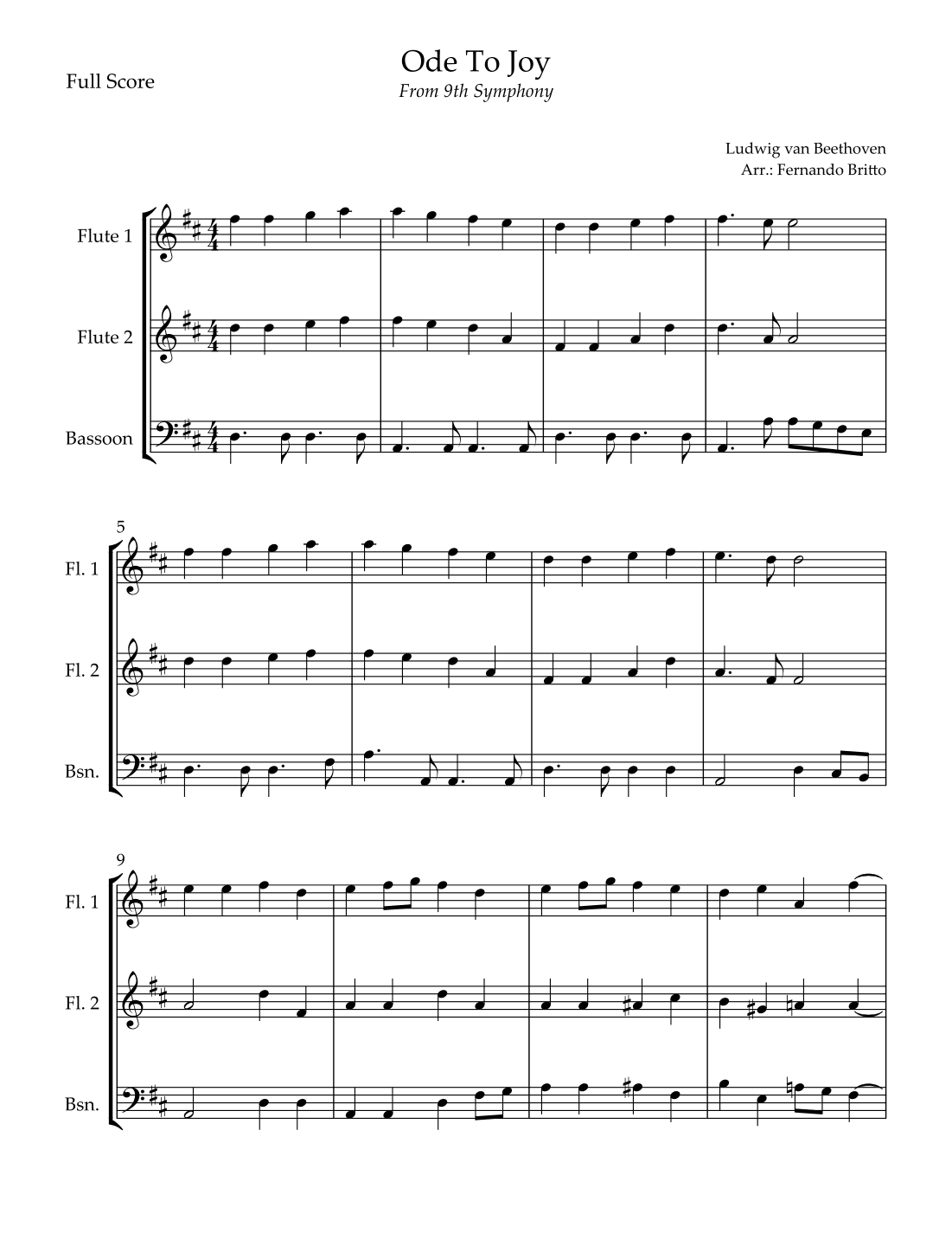 Ode To Joy (from Beethoven's 9th Symphony) for Woodwind Trio (arr. Fernando Britto)