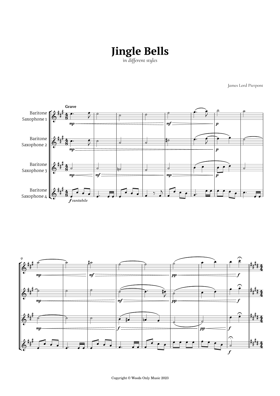 Jingle Bells in Different Styles for Baritone Sax Quartet (arr. Ander)