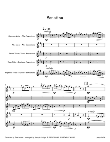 Sonatina by Beethoven for Saxophone Quartet in Schools (arr. Joseph Judge)
