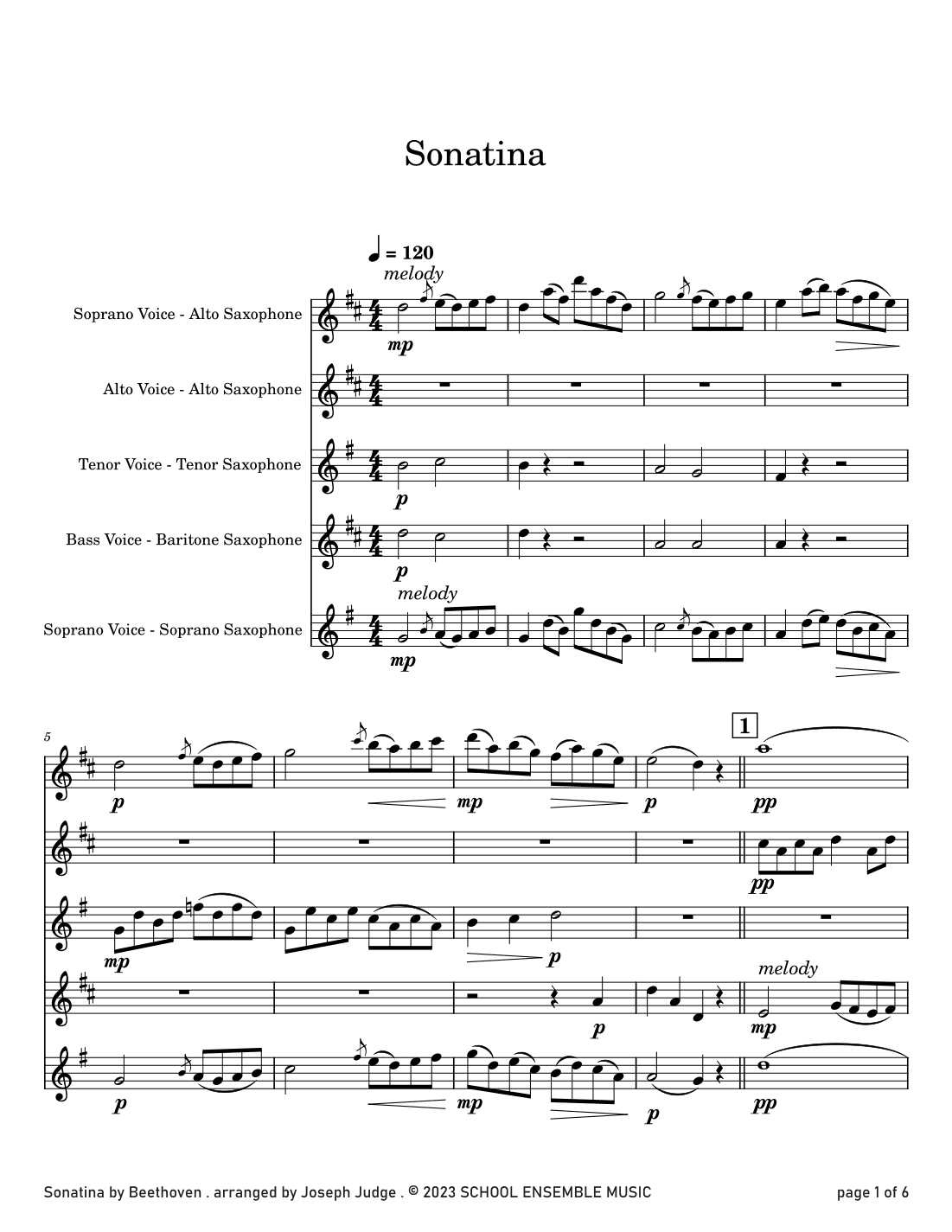 Sonatina by Beethoven for Saxophone Quartet in Schools (arr. Joseph Judge)