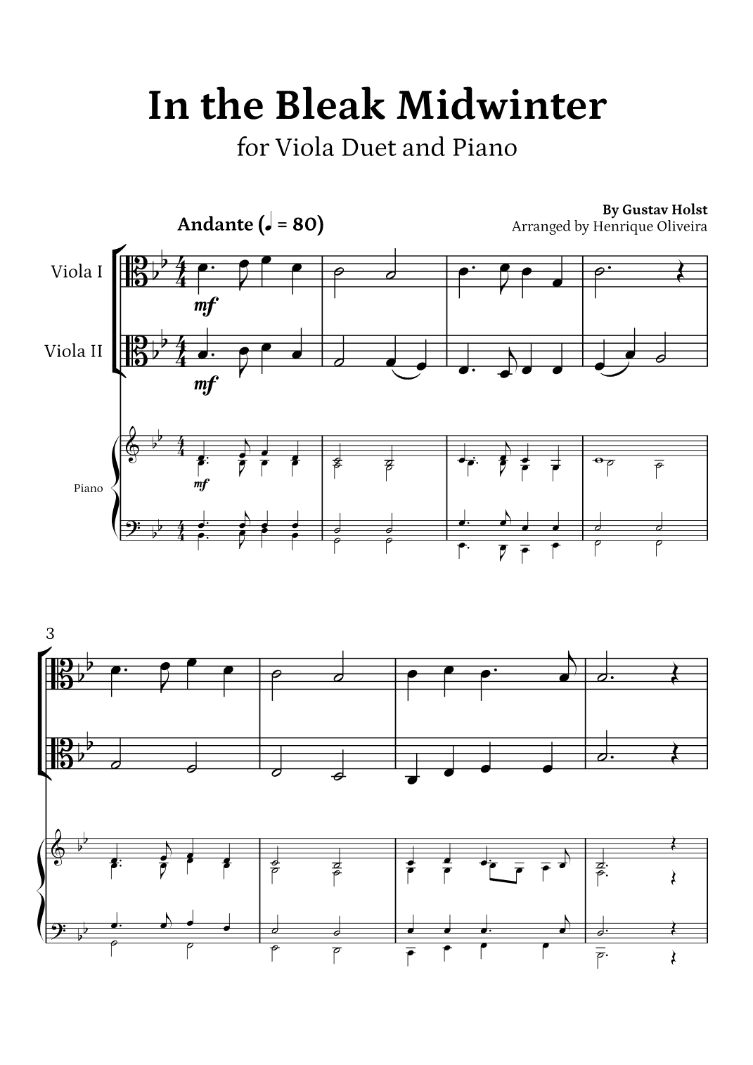 In the Bleak Midwinter (Viola Duet and Piano) - Beginner Level (arr. Henrique Oliveira)