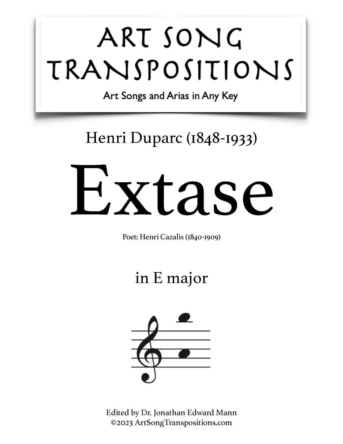 DUPARC: Extase (transposed to E major) (arr. ArtSongTranspositions.com)