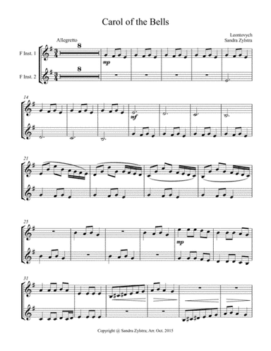 Carol of the Bells (treble F instrument duet, parts only) (arr. Sandra Zylstra)