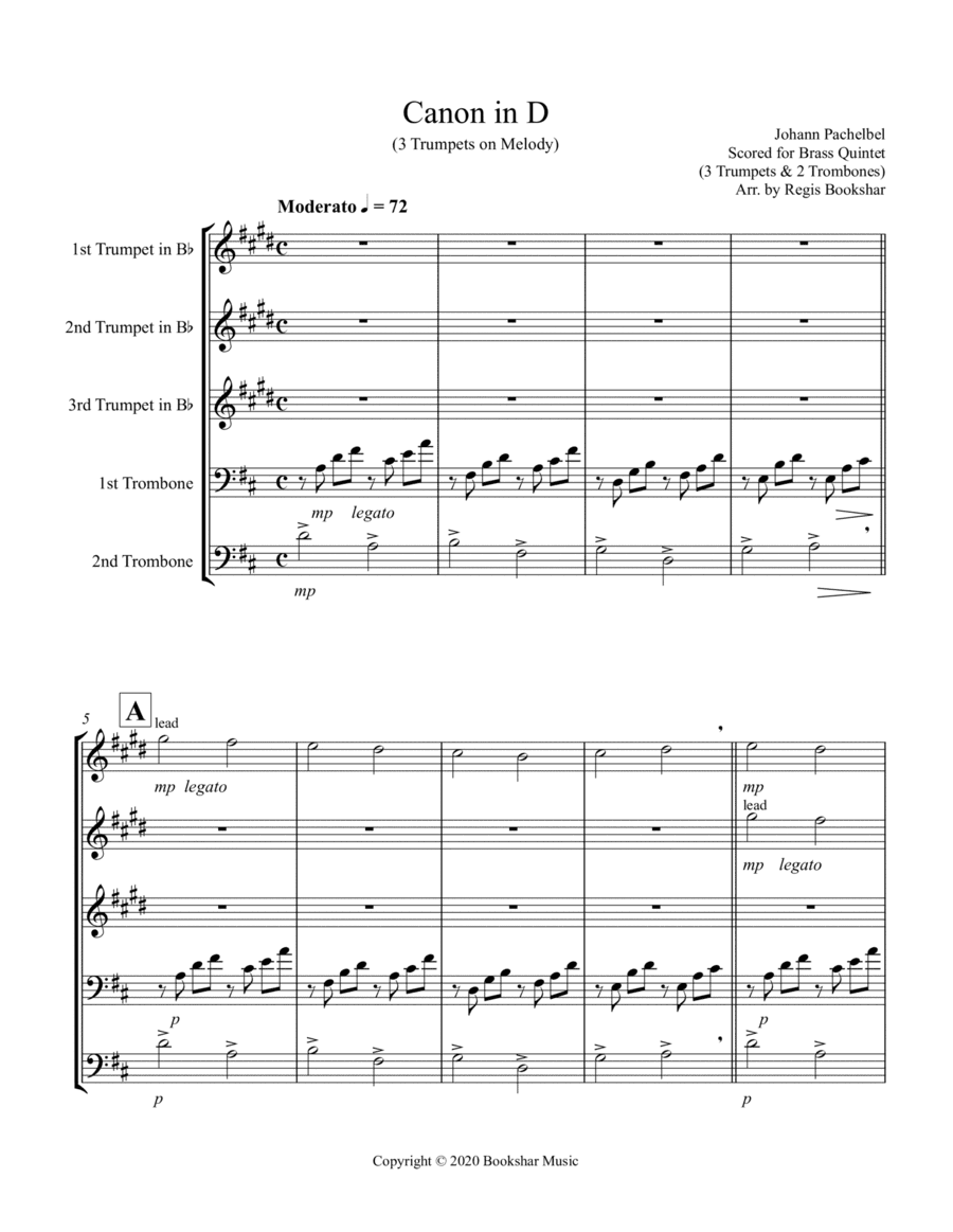Canon in D (Pachelbel) (D) (Brass Quintet - 3 Trp, 2 Trb) (3 Trp lead) (arr. Regis Bookshar)