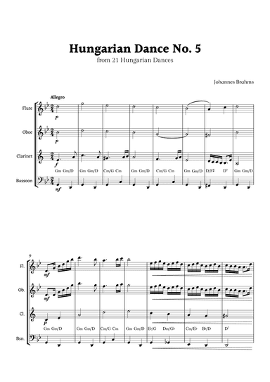 Hungarian Dance No. 5 by Brahms for Woodwinds Quartet with Chords (arr. Rika K.)