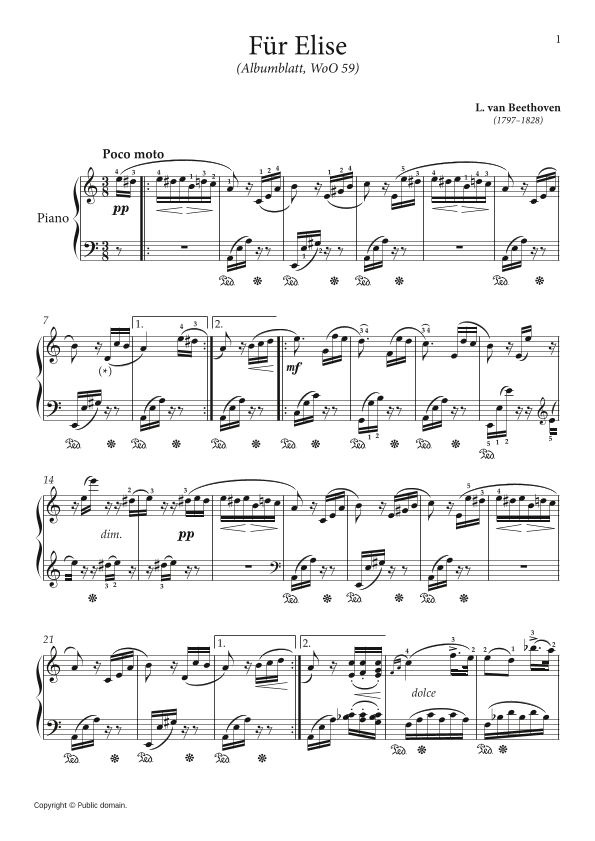 Für Elise (Albumblatt, WoO 59) (arr. Original piano piece.)