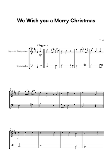 Trad. - We Wish you a Merry Christmas (for Soprano Saxophone and Cello) (arr. Cadenza Editions)