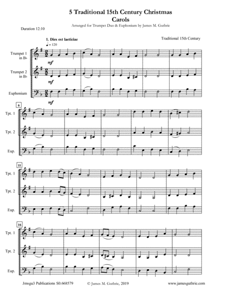 5 Traditional 15th Century Christmas Carols for Trumpet Duo & Euphonium (arr. James M. Guthrie, ASCAP)