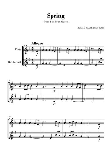 Spring from 'The Four Seasons' by Vivaldi - Easy Flute and Clarinet Duet. (arr. Gisele Sant'Ana)