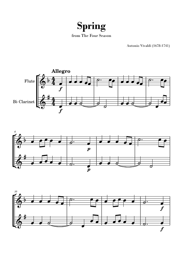 Spring from 'The Four Seasons' by Vivaldi - Easy Flute and Clarinet Duet. (arr. Gisele Sant'Ana)