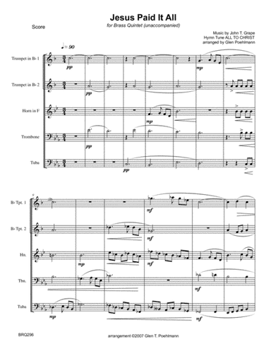 JESUS PAID IT ALL - BRASS QUINTET (unaccompanied) (arr. Glen Poehlmann)