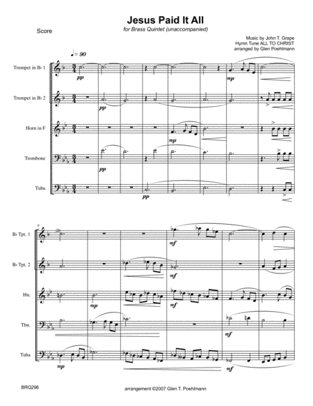 JESUS PAID IT ALL - BRASS QUINTET (unaccompanied) (arr. Glen Poehlmann)